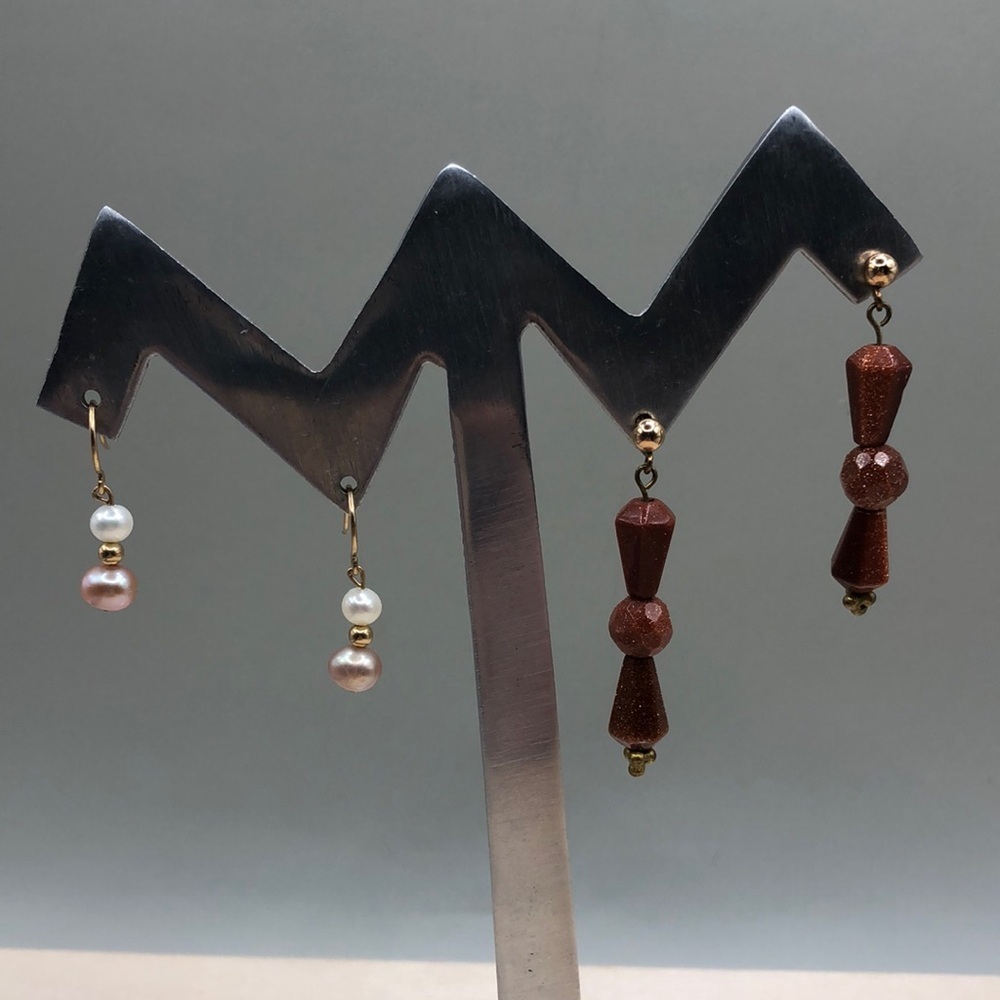 Curated bundle 14k GF Gold Filled artisan earrings pearls and goldstone.